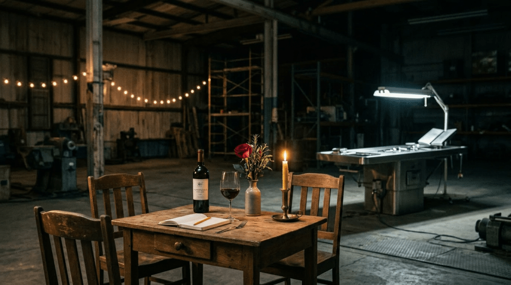 Woman seated at a wooden table with wine and candle in an industrial warehouse