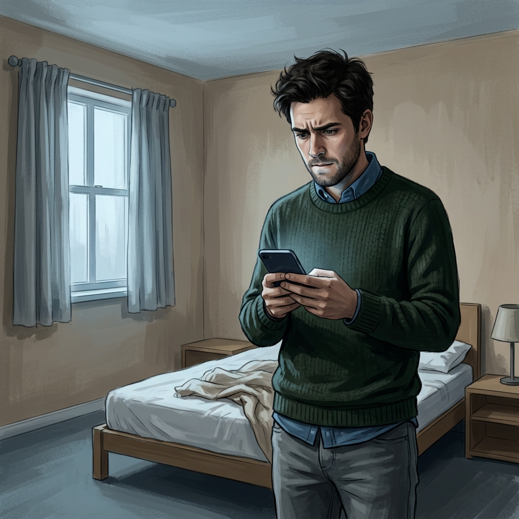 Concerned man looking at a smartphone beside an unmade bed
