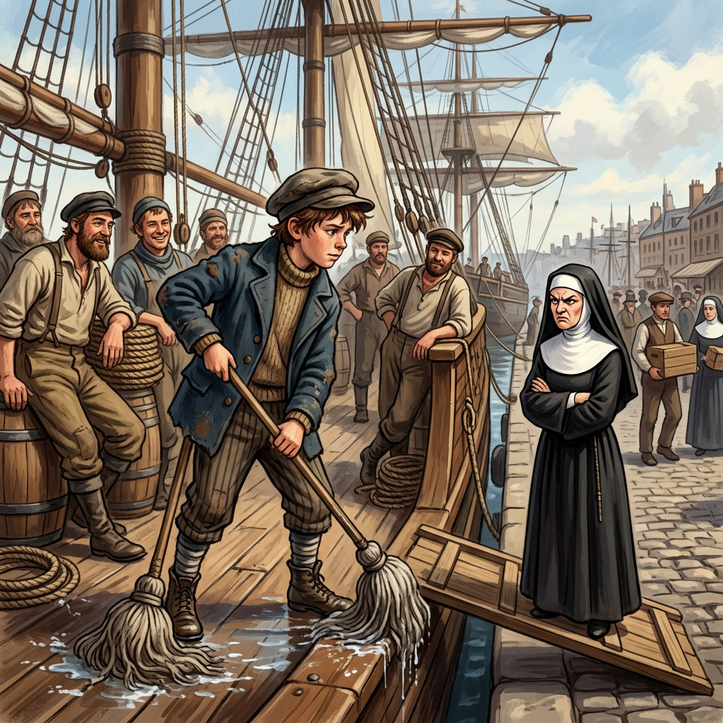 Young deckhand scrubbing a sailing ship beside a stern nun