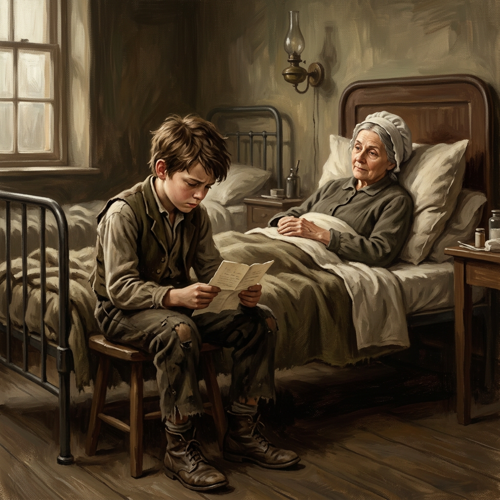 Young boy reading a letter beside an elderly woman in bed