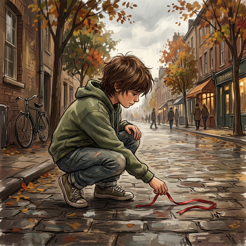 Child in green hoodie picking up a red ribbon on an autumn street