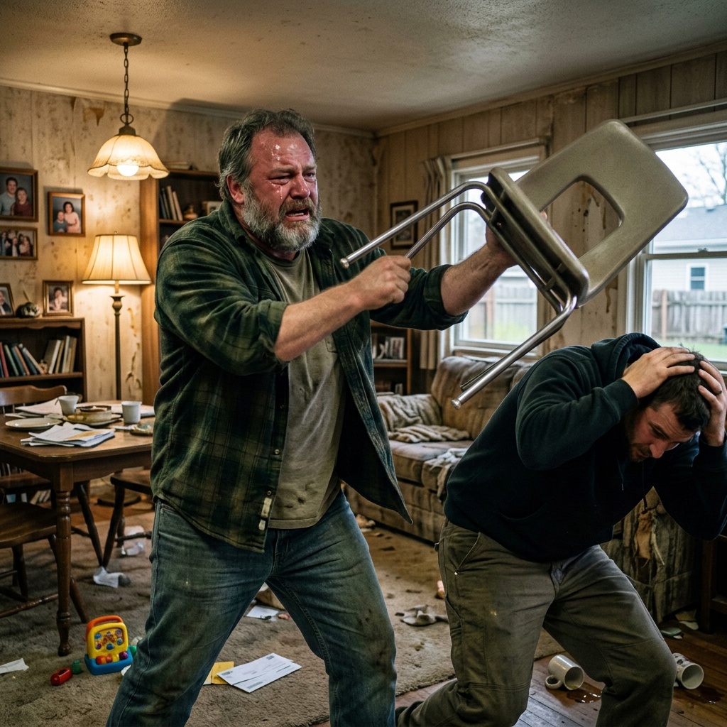 Man raising a chair toward another man shielding his head